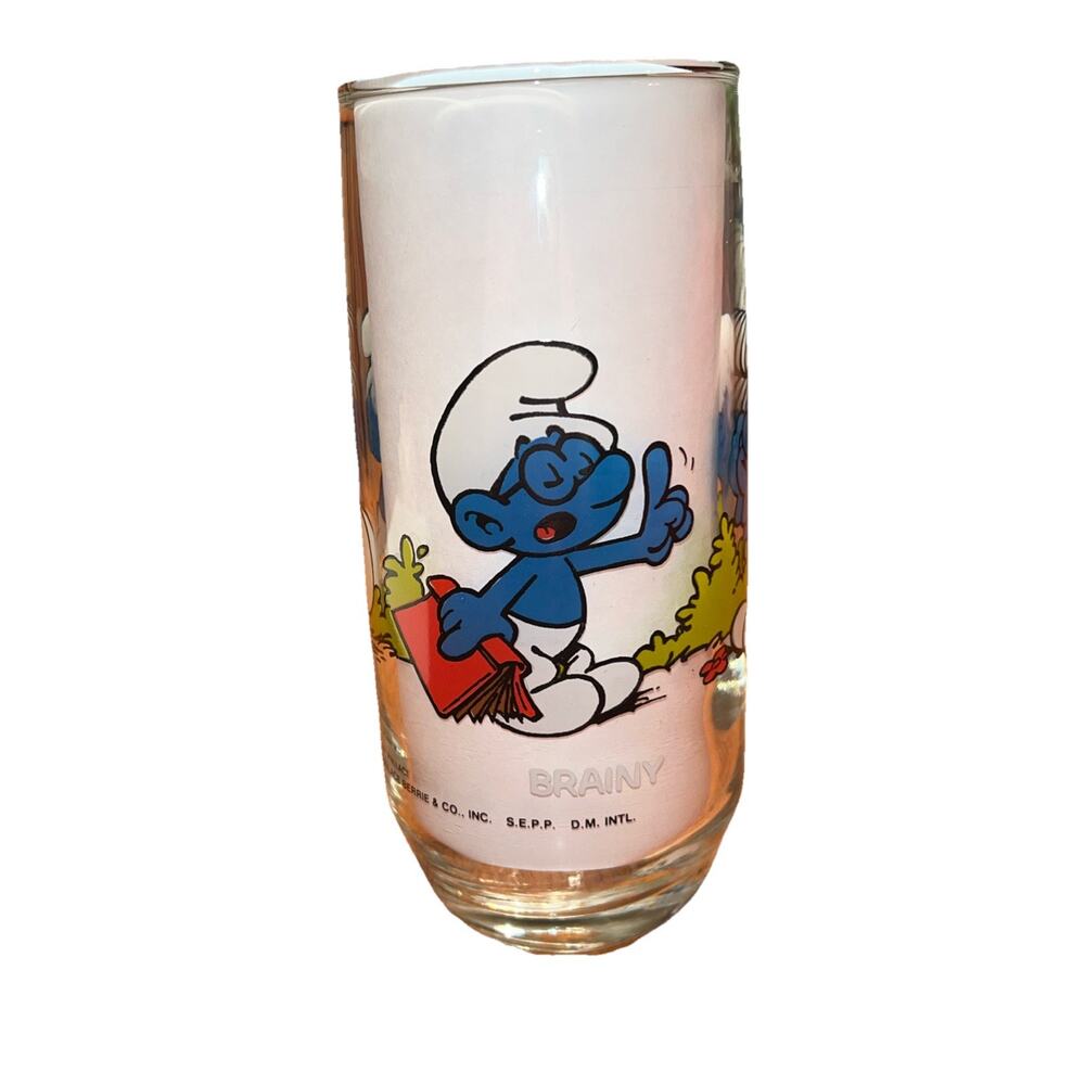 Vtg "Brainy" Smurf Collectible Drinking Glass 1982 Peyo by Wallace Berrie EUC
